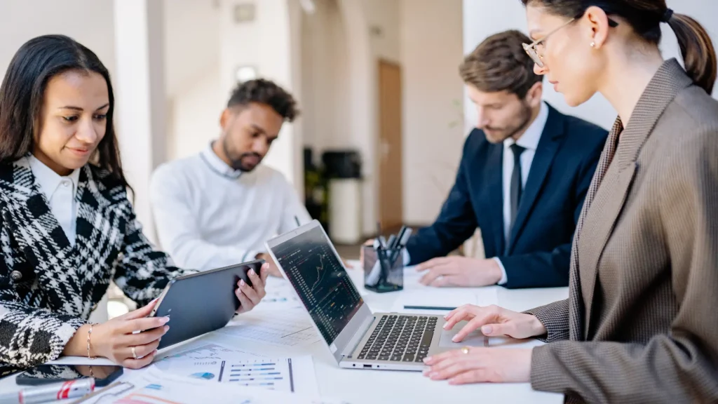 Team members collaborating in a professional office setting