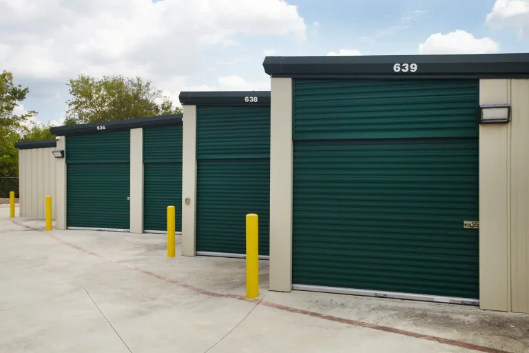 Drive-up self-storage units at Lockaway Storage featuring secure roll-up doors and convenient vehicle access.