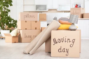 Boxes and moving supplies representing apartment, self storage, and portable storage solutions during a move.