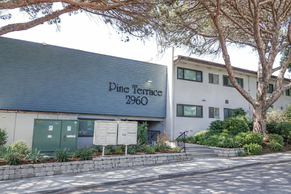 Pine Terrace Apartments in San Diego, Front view of building.